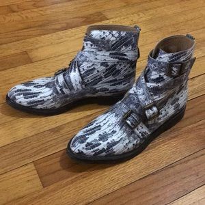 “Snakeskin” John Fluevog Mod-style booties.